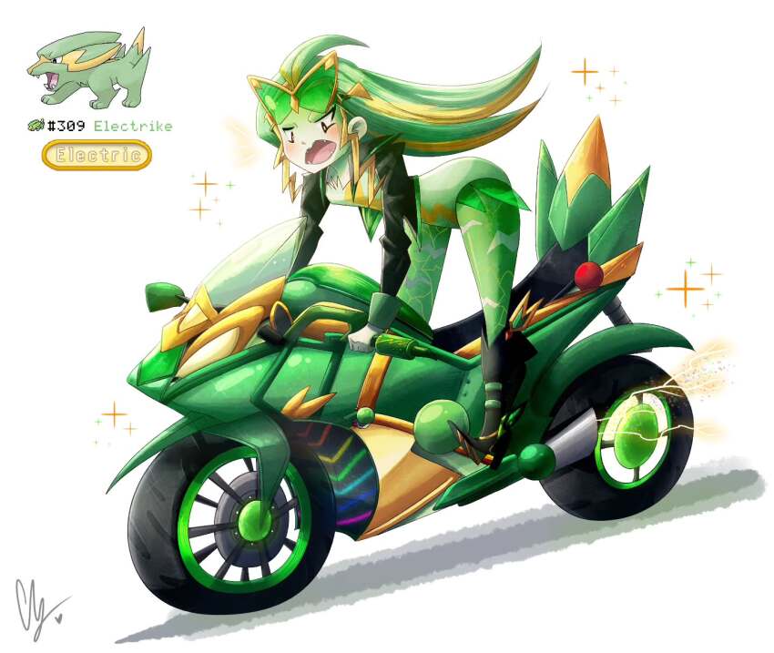 :o black_boots black_eyes blonde_hair bodysuit boots electricity electrike endifi gen_3_pokemon goggles goggles_on_head green_bodysuit green_hair highres motor_vehicle motorcycle nintendo open_mouth personification pokemon reference_inset sidelocks sparkle white_background