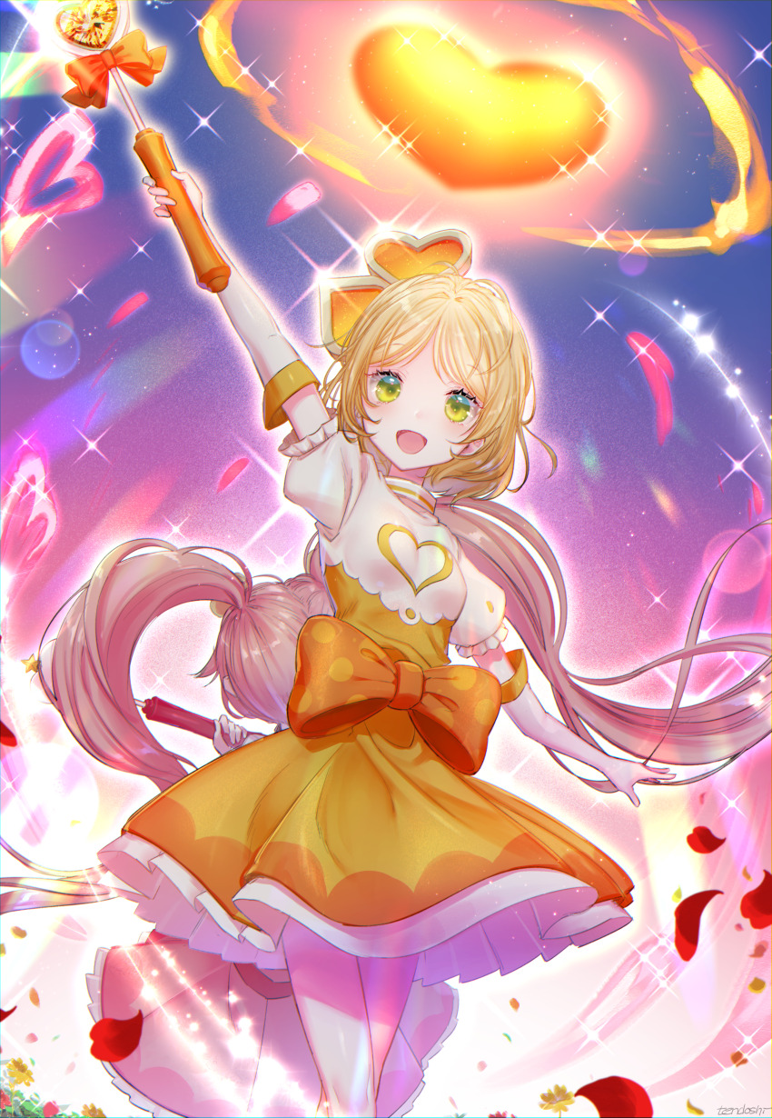 #compass 1girl absurdres arm_up blonde_hair dress elbow_gloves eyelashes gloves green_eyes highres holding holding_wand long_hair looking_at_viewer magical_girl open_mouth orange_dress petals rose_petals ruruka_(#compass) solo sparkle tendoshi very_long_hair wand white_gloves