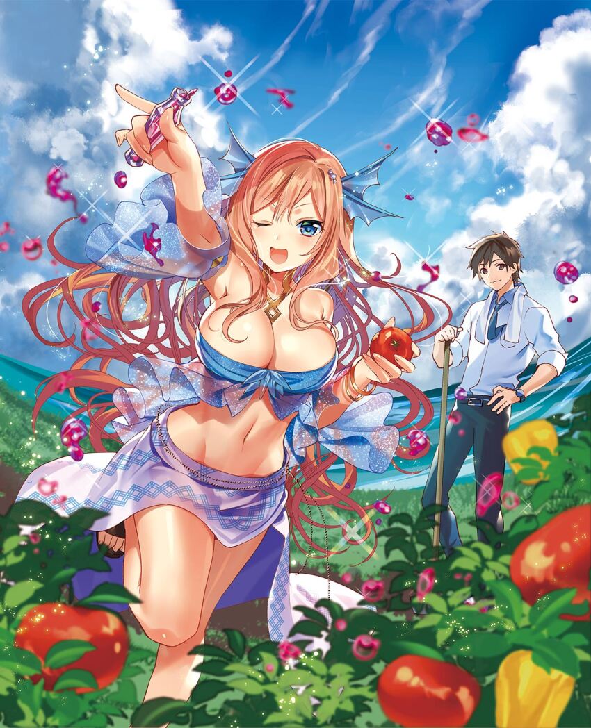 1boy 1girl ;d arm_up bandeau bare_shoulders bell_pepper bell_pepper_plant belt black_belt black_pants black_sandals blue_bandeau blue_eyes blue_necktie blue_sleeves bracelet breasts brown_eyes cleavage closed_mouth cloud collared_shirt cover cover_page day detached_sleeves feet_out_of_frame fins fisheye food foot_out_of_frame grass hand_on_own_hip head_fins highres holding holding_food holding_pole holding_vegetable holding_vial isekai_de_tochi_wo_katte_noujou_wo_tsukurou jewelry large_breasts light_particles long_hair looking_at_viewer midriff murakami_yuichi necklace necktie novel_cover novel_illustration ocean official_art one_eye_closed open_mouth orange_hair outdoors pants patterned_clothing plant pole purple_sarong sandals sarong see-through_clothes see-through_sleeves shirt shirt_tucked_in sleeves_rolled_up smile spilling standing standing_on_one_leg swept_bangs tomato tomato_plant towel towel_around_neck v-shaped_eyebrows vegetable vial watch wavy_hair white_shirt wristwatch yellow_pepper