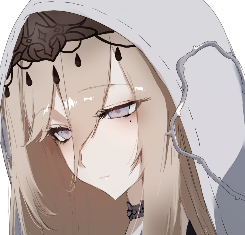 1girl aponia blonde_hair blue_eyes closed_mouth commentary_request fuahina highres honkai_(series) honkai_impact_3rd medium_hair mole mole_under_eye nun portrait simple_background solo veil white_background white_veil