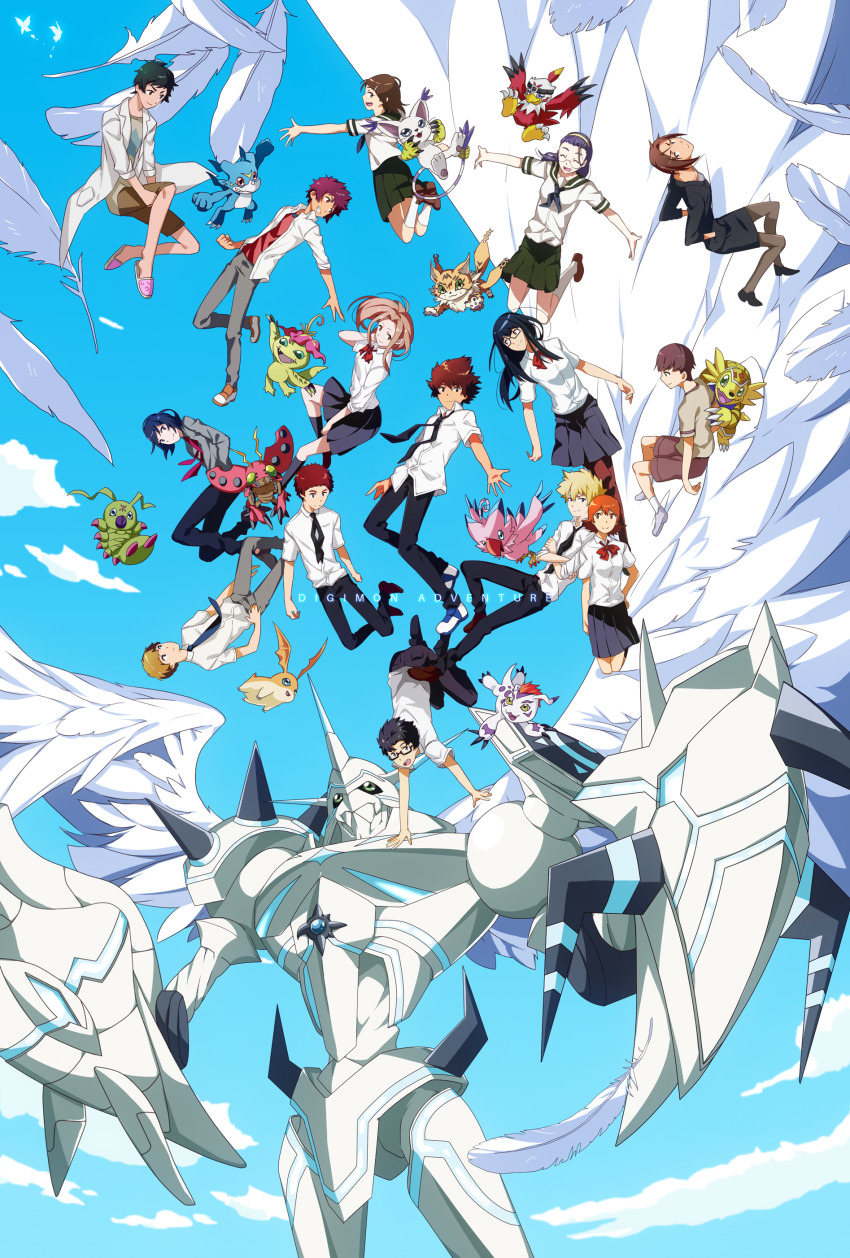 absurdres armadimon bandana bug digimon digimon_(creature) feathers gloves gomamon green_eyes hawkmon head_wings hida_iori highres himekawa_maki ichijouji_ken inoue_miyako ishida_yamato izumi_koshiro kido_jo meicoomon mochizuki_meiko motomiya_daisuke nishijima_daigo omegamon_merciful_mode palmon patamon piyomon plant school_uniform smile tachikawa_mimi tailmon takaishi_takeru takenouchi_sora tentomon v-mon wings wormmon yagami_hikari yagami_taichi