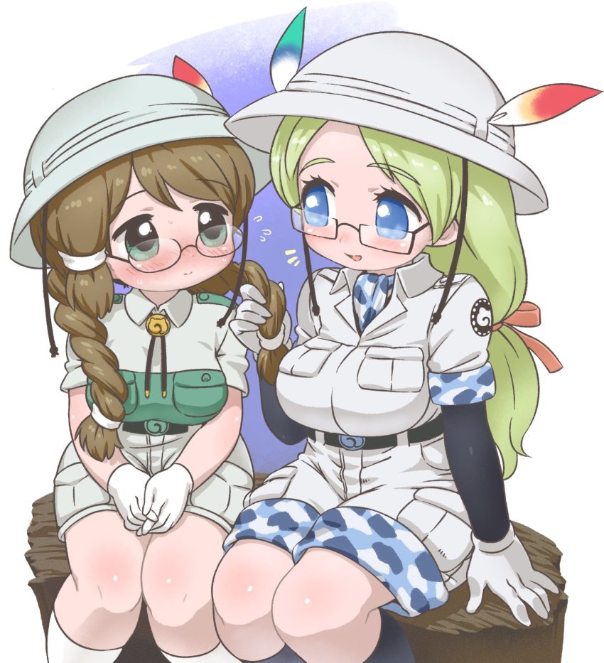 2girls blush braid breasts brown_hair bucket_hat camouflage_trim captain_(kemono_friends) commentary eye_contact glasses green_eyes green_hair hat hat_feather helmet highres holding_another&#039;s_hair jacket japari_symbol kemono_friends khakis kuro_(kurojill) large_breasts long_hair looking_at_another medium_breasts mirai_(kemono_friends) multiple_girls pith_helmet playing_with_another&#039;s_hair playing_with_hair safari_jacket semi-rimless_eyewear twin_braids under-rim_eyewear yuri