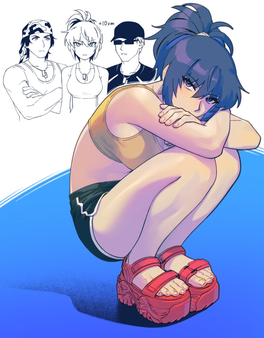 00a3af_231 1girl 2boys bandana bare_shoulders baseball_cap blue_eyes blue_hair clark_still crossed_arms dog_tags earrings hat highres jewelry leona_heidern mature_male multiple_boys platform_sandals ponytail ralf_jones red_sandals sandals squatting sunglasses tank_top the_king_of_fighters yellow_tank_top