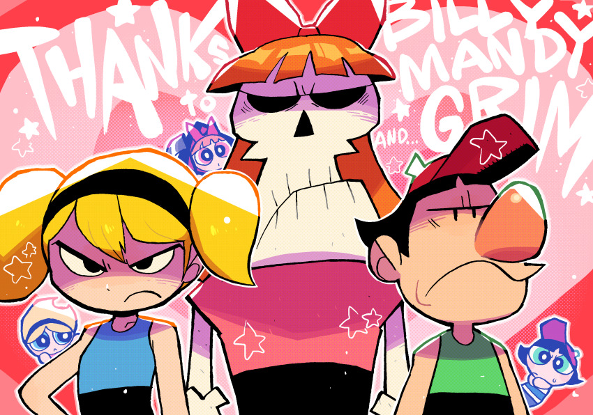 2boys 4girls :c :o angry baseball_cap billy_(grim_adventures) billy_(grim_adventures)_(cosplay) blonde_hair blossom_(ppg) blossom_(ppg)_(cosplay) bow bubbles_(ppg) bubbles_(ppg)_(cosplay) buttercup_(ppg) buttercup_(ppg)_(cosplay) cartoon_network company_connection cosplay costume_switch crossover grim_(grim_adventures) hair_bow hat highres mandy_(grim_adventures) mandy_(grim_adventures)_(cosplay) multiple_boys multiple_girls powerpuff_girls rariatto_(ganguri) red_bow scythe shaded_face shading skeleton the_grim_adventures_of_billy_&amp;_mandy toon_(style)
