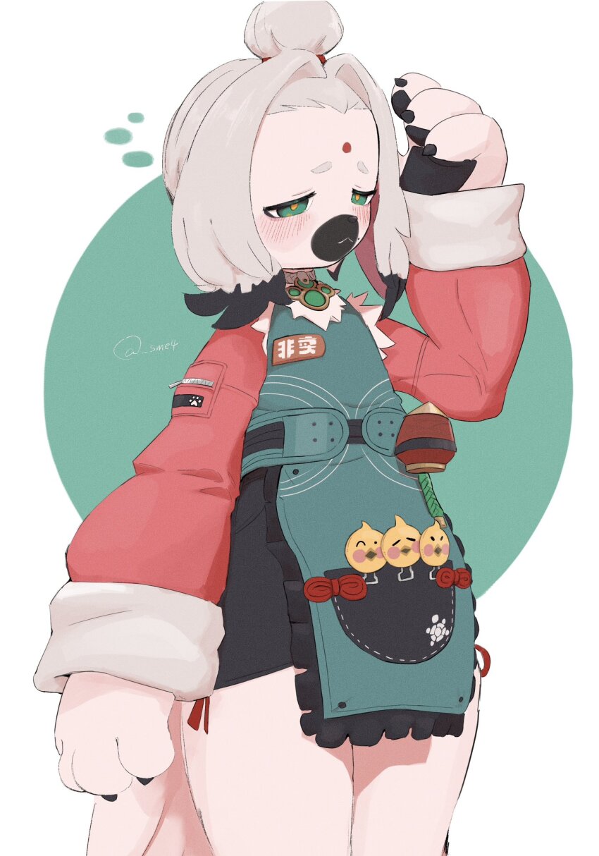 1girl :&lt; blush cairn_(zenless_zone_zero) chinese_clothes claws commentary_request dog_girl facial_mark forehead_mark furry furry_female green_eyes grey_hair highres long_sleeves orange_pupils pelvic_curtain simple_background sme4 solo topknot twitter_username two-tone_background zenless_zone_zero
