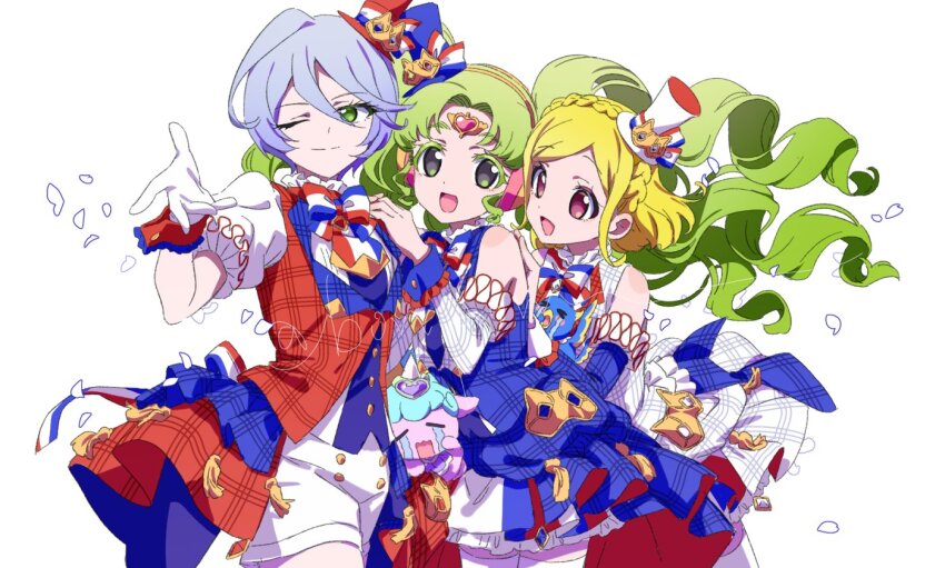 3girls :d bare_shoulders blonde_hair blue_dress blue_sleeves bow braid detached_sleeves dot_nose dress falulu falulu_(awakened) floating_hair frilled_sleeves frills green_hair grey_hair hair_between_eyes hand_on_another&#039;s_shoulder hand_up hat idol idol_clothes legs_together long_hair looking_at_another looking_at_viewer medium_hair midorikaze_fuwari multicolored_bow multiple_girls no_pupils one_eye_closed open_mouth plaid_clothes plaid_dress pretty_series pripara purple_eyes red_shirt shikyoin_hibiki shirt short_hair short_sleeves shorts sidelocks simple_background smile standing striped_bow thighhighs top_hat wavy_hair white_background white_dress white_hat white_shorts white_thighhighs yadehi zettai_ryouiki