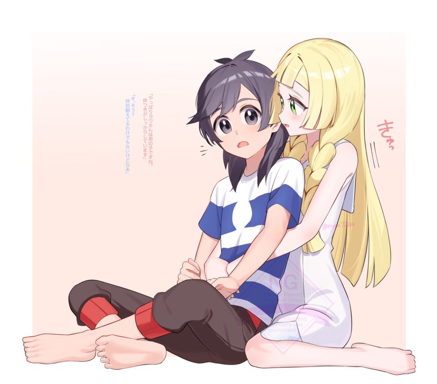 1boy 1girl barefoot black_hair black_pants blonde_hair blush braid creatures_(company) dress elio_(pokemon) game_freak green_eyes hetero highres hug lillie_(pokemon) long_hair nintendo nyorotono open_mouth pants pokemon pokemon_sm shirt short_hair striped_clothes striped_shirt white_dress white_shirt