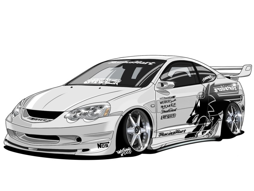 acura_(brand) acura_rsx artist_name banato1215 car glint highres honda honda_integra motor_vehicle need_for_speed need_for_speed:_underground nitrous_oxide_systems no_humans simple_background spoiler_(automobile) stance_(vehicle) vehicle_focus white_background white_car
