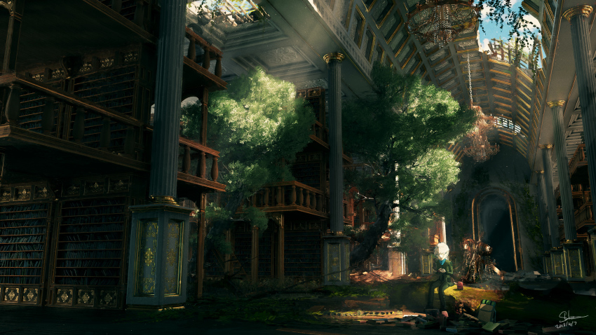 1boy 3d backpack bag book bookshelf chandelier column commentary_request dated doorway glasses highres holding holding_book hole_in_ceiling indoors library light_rays original overgrown pillar railing reading ruins scenery short_hair signature sitting skybase solo sunbeam sunlight tree unworn_backpack unworn_bag white_hair