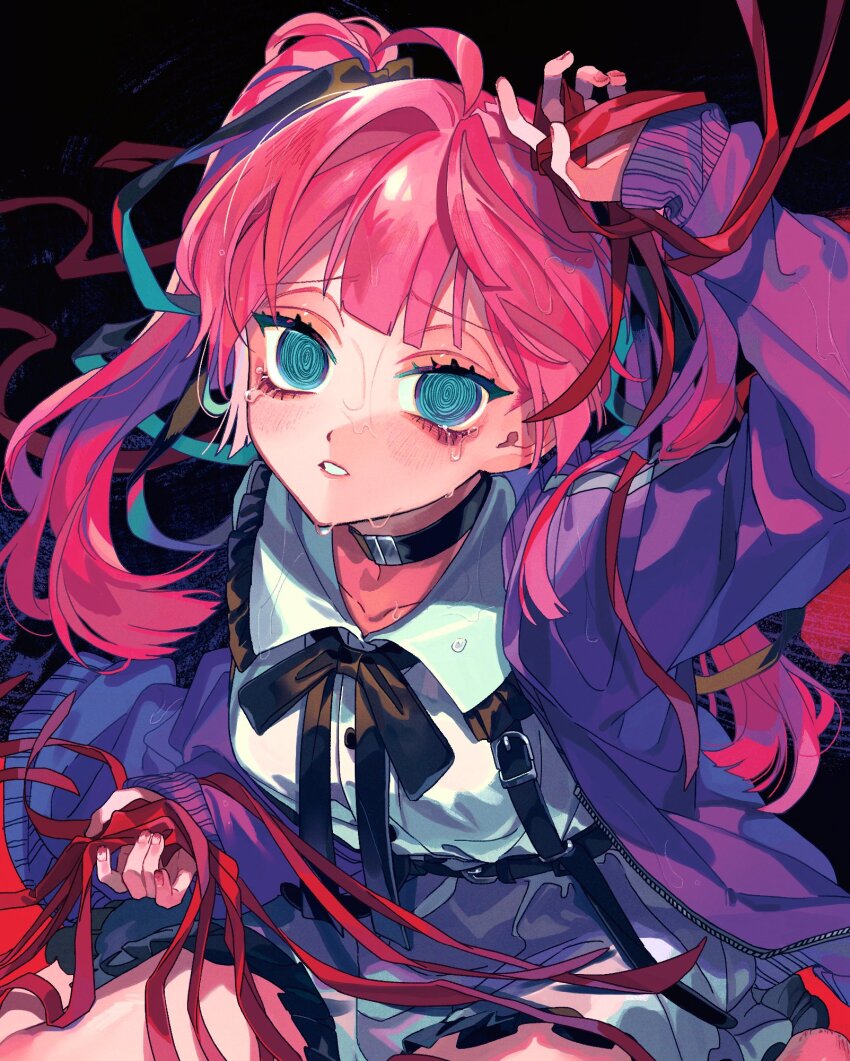 1girl @_@ aegyo_sal ahoge ame_michiko arm_up black_background black_choker black_ribbon black_straps blue_eyes breasts center-flap_bangs choker clenched_teeth collarbone collared_shirt commentary_request cowboy_shot fingernails frilled_shirt_collar frills from_above grey_skirt hair_behind_ear hair_ribbon hand_on_own_head highres himanemuitoma holding holding_ribbon jacket long_hair long_sleeves looking_at_viewer neck_ribbon open_clothes open_jacket original parted_lips petticoat pink_hair puffy_long_sleeves puffy_sleeves purple_jacket rainy_girl_(vocaloid) raised_inner_eyebrows red_ribbon ribbon shirt simple_background sitting skirt sleeves_past_wrists small_breasts solo sweat teeth twintails vocaloid white_shirt