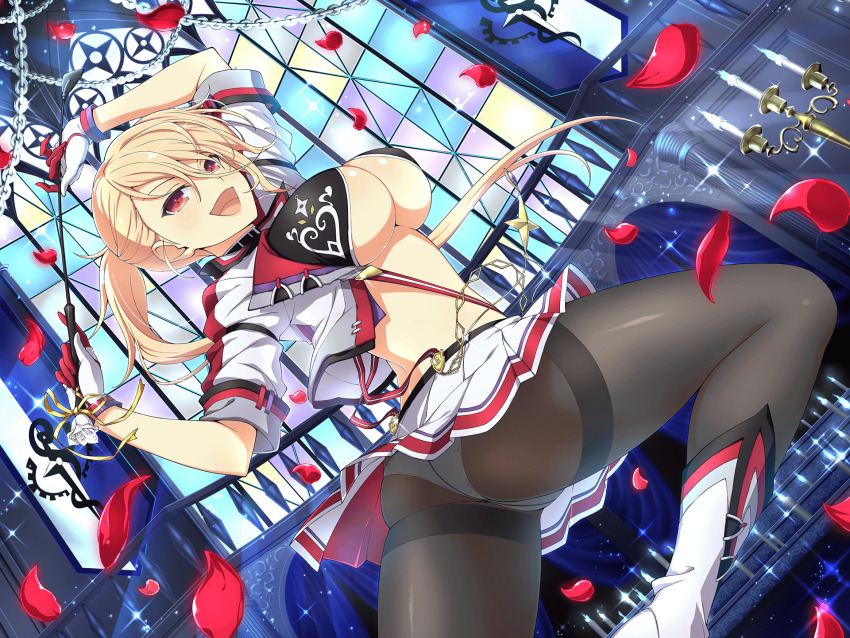1girl ass banister black_bra black_choker black_pantyhose blonde_hair blush boots bra breasts candle candlestand chain choker commentary crotch_seam curtains falling_petals fire gloves hair_between_eyes hair_over_one_eye highres holding holding_riding_crop indoors jacket large_breasts light_particles looking_at_viewer median_furrow multicolored_jacket official_alternate_costume official_alternate_hairstyle official_art open_mouth panties panties_under_pantyhose pantyhose pantyshot petals ponytail red_eyes red_gloves red_jacket revealing_clothes riding_crop school_emblem senran_kagura senran_kagura_new_link senran_kagura_new_wave shuriken shuriken_print skirt smile solo souji_(senran_kagura) sparkle stained_glass suspender_skirt suspenders thighband_pantyhose tongue two-tone_gloves two-tone_jacket underboob underwear weapon white_boots white_gloves white_jacket white_panties white_skirt yaegashi_nan