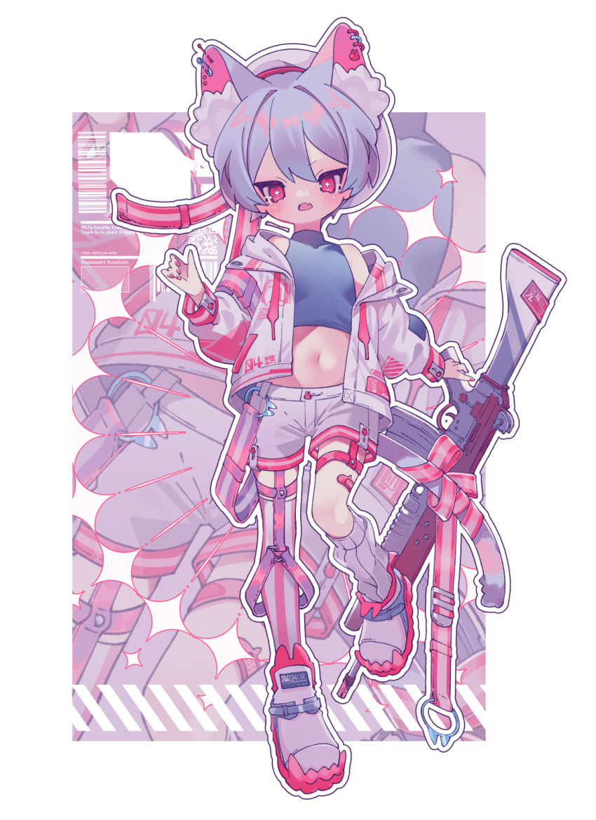 1boy animal_ear_fluff animal_ear_piercing belt black_shirt blush bright_pupils commentary crop_top cross-shaped_pupils double-parted_bangs extra_ears fang full_body grey_hair grey_hat gun hair_between_eyes hair_intakes hand_up hat hat_belt highres holding holding_gun holding_weapon jacket leg_up leg_warmers male_focus navel open_clothes open_jacket open_mouth original ozureiji red_belt red_eyes red_nails red_thighhighs ribbed_leg_warmers rifle shirt shoes short_hair shorts single_leg_warmer single_thighhigh skin_fang sleeveless sleeveless_shirt solo striped_clothes striped_thighhighs symbol-only_commentary symbol-shaped_pupils thighhighs tsurime vertical-striped_clothes vertical-striped_thighhighs weapon white_jacket white_leg_warmers white_pupils white_shoes white_shorts white_thighhighs