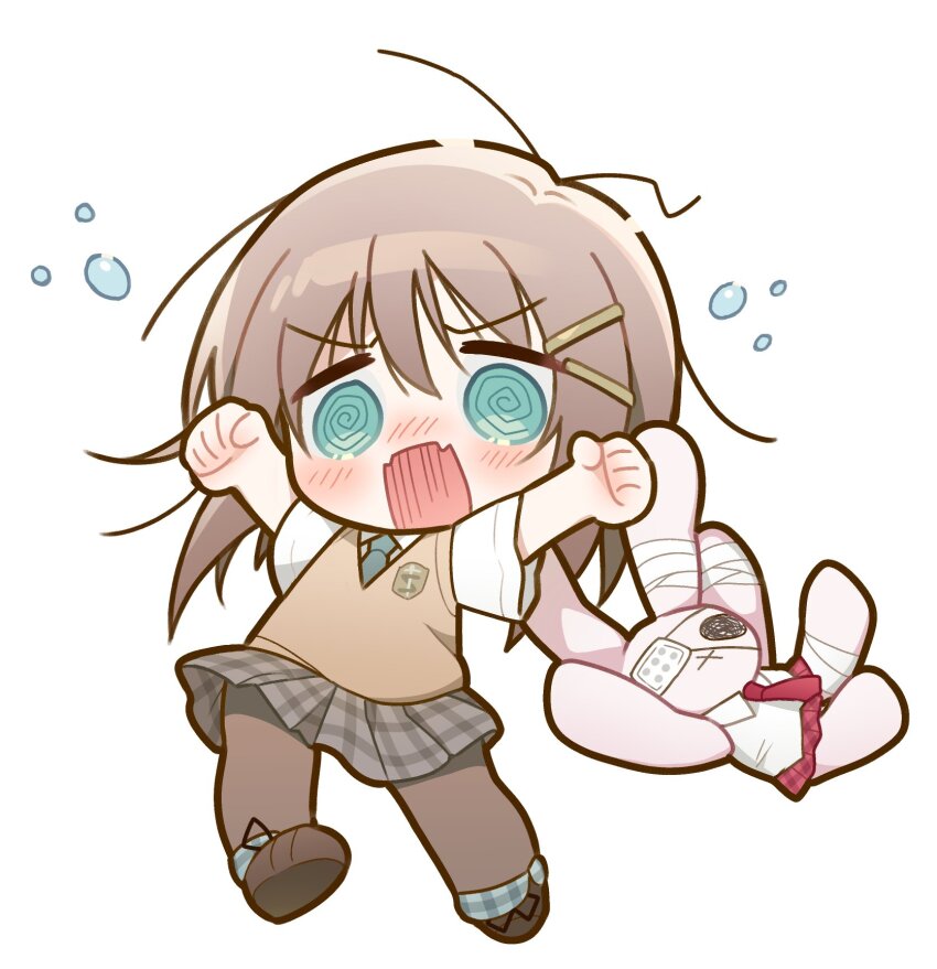 1girl =_hair_ornament @_@ aqua_eyes blush brown_hair brown_pantyhose chibi clenched_hands commentary embarrassed fangs flying_sweatdrops full_body grey_skirt hair_ornament hairclip hands_up highres looking_at_viewer mamiya_hasaki medium_hair miniskirt mofukoke nose_blush open_mouth pantyhose plaid_clothes plaid_skirt pleated_skirt school_uniform shirt short_sleeves simple_background skin_fangs skirt solo standing stuffed_animal stuffed_rabbit stuffed_toy subarashiki_hibi sweater_vest v-shaped_eyebrows white_background white_shirt x_mouth yellow_sweater_vest