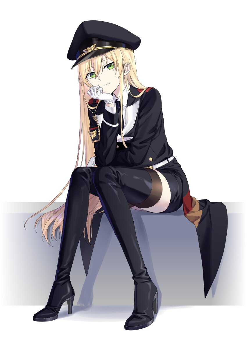 1girl absurdres black_boots black_coat black_hat black_necktie blonde_hair boots closed_mouth coat collared_shirt full_body girls&#039;_frontline gloves green_eyes hat highres looking_at_viewer military_uniform necktie peaked_cap shirt simple_background sitting solo stg44_(girls&#039;_frontline) suprii thigh_boots white_background white_gloves white_shirt