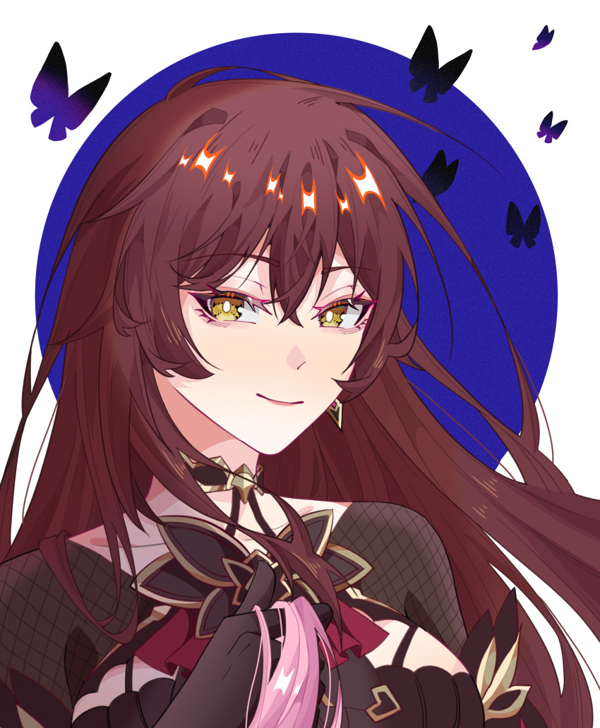 1girl absurdres animal_ears black_dress blue_background breasts brown_hair butter closed_mouth commission dress eden_(honkai_impact) food highres honkai_(series) honkai_impact_3rd large_breasts lawleeds long_hair looking_at_viewer oval_background portrait second-party_source smile solo two-tone_background yellow_background yellow_eyes
