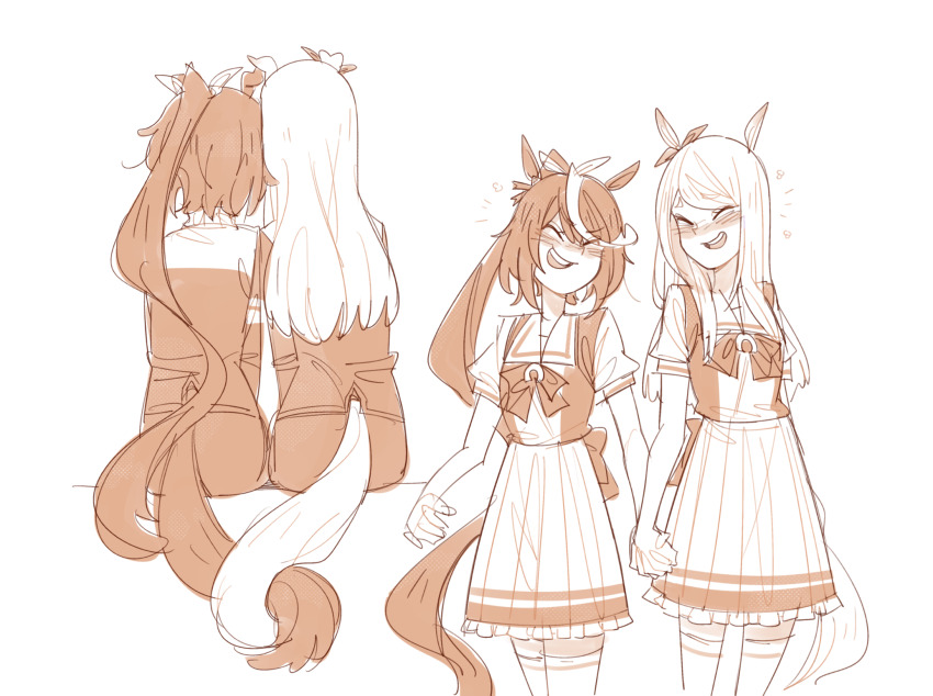 2girls :d animal_ears blush bow bowtie brown_theme closed_eyes commentary cowboy_shot frilled_skirt frills from_behind gutalalaman hair_bow happy happy_aura heads_together highres holding_hands horse_ears horse_girl horse_tail horseshoe_ornament intertwined_tails long_hair long_sleeves mejiro_mcqueen_(umamusume) monochrome multicolored_hair multiple_girls multiple_views open_mouth pleated_skirt ponytail puffy_short_sleeves puffy_sleeves sailor_collar sailor_shirt school_uniform sepia shirt short_sleeves side-by-side sitting skirt smile standing streaked_hair summer_uniform tail thighhighs tokai_teio_(umamusume) tracen_school_uniform tracen_training_uniform track_suit umamusume very_long_hair yuri zettai_ryouiki