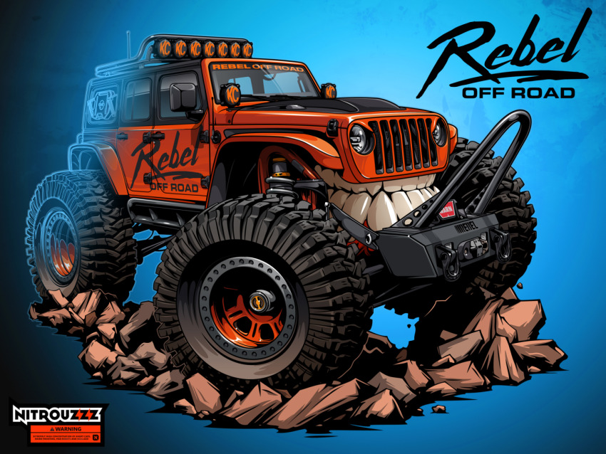 artist_name blue_background car clenched_teeth ground_shatter jeep_(company) jeep_wrangler monsterification motor_vehicle nitrouzzz no_humans orange_car original shadow sports_utility_vehicle teeth vehicle_focus