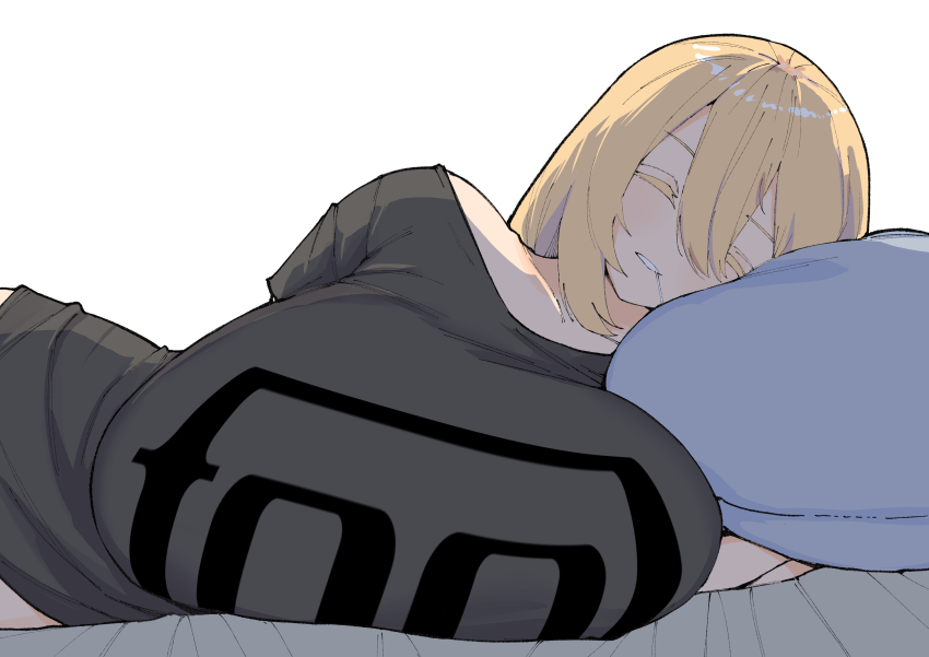 1girl absurdres bed black_shirt blonde_hair breast_rest breasts closed_eyes collarbone colored_eyelashes drooling facing_viewer hair_between_eyes highres huge_breasts inne_sulistya_robin long_hair lying norman_maggot off_shoulder on_bed on_side original parted_lips pillow saliva saliva_trail shirt short_sleeves sidelocks sleeping solo