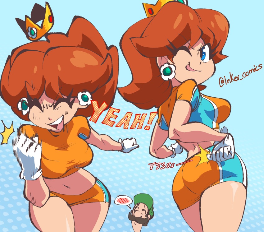 1boy 1girl absurdres ass blue_eyes blush breasts brown_hair closed_mouth crop_top crown daisy&#039;s_hot_stuff_(meme) earrings embarrassed english_text flower_earrings from_behind gloves highres inker_comics jewelry large_breasts long_hair looking_at_viewer looking_back luigi mario_(series) mario_strikers_(series) medium_breasts midriff navel nintendo one_eye_closed open_mouth orange_hair orange_shirt polka_dot princess_daisy shirt short_hair short_shorts short_sleeves shorts smile solo_focus spoken_blush stomach super_mario_strikers teeth thighs tomboy tongue tongue_out upper_teeth_only v-shaped_eyebrows white_gloves wink
