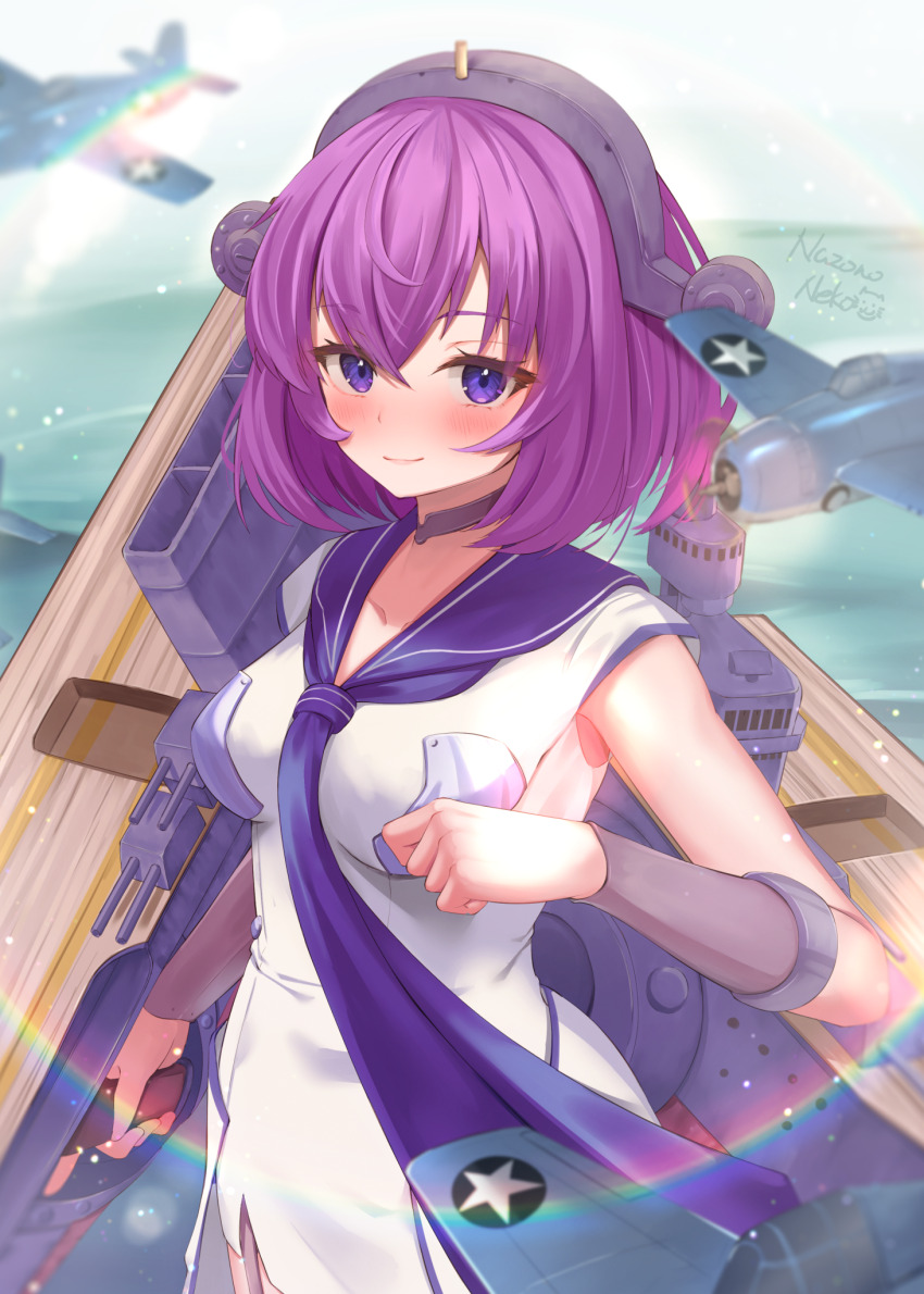 1girl adapted_turret bomber breasts dive_bomber dress flight_deck garter_straps headgear highres kantai_collection lexington_(kancolle) long_necktie medium_breasts medium_hair nazono_neko neckerchief necktie outdoors purple_eyes purple_hair purple_neckerchief purple_necktie purple_sailor_collar sailor_collar sailor_dress sbd_dauntless smile smokestack smokestack_hair_ornament solo white_dress