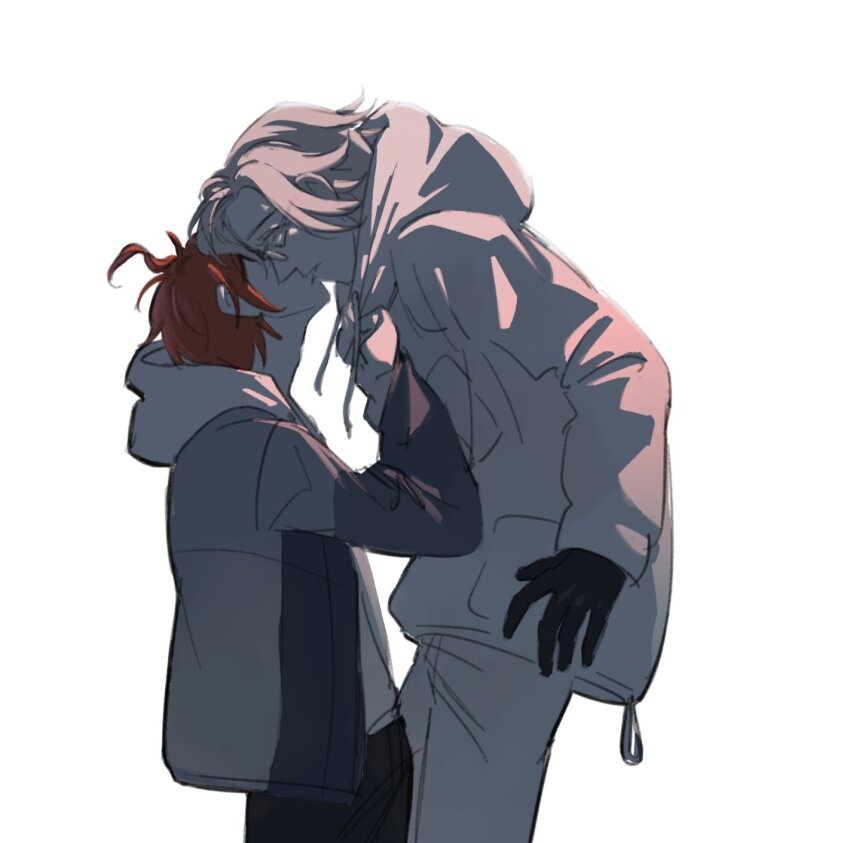 2boys ahoge aotsuki_eito black_gloves clothes_grab glasses gloves height_difference jacket jacket_grab kiss male_focus messy_hair multiple_boys pants parted_hair red_hair simple_background standing sumino_takumi the_hundred_line_-last_defense_academy- white_background white_hair white_jacket white_pants yaoi