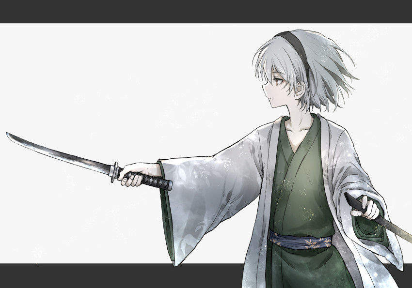 1girl alternate_eye_color black_hairband brown_eyes closed_mouth collarbone fingernails frown green_kimono grey_background grey_hair hairband highres holding holding_sheath holding_sword holding_weapon japanese_clothes kimono kodachi konpaku_youmu layered_clothes letterboxed looking_afar open_clothes open_kimono pointing_melee_weapon pointing_sword profile sheath shimoda_masaya short_sword simple_background solo sword touhou upper_body weapon white_kimono