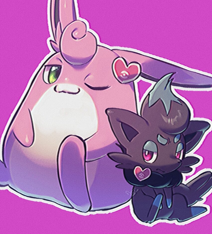 alternate_color blue_hair eyebrows gen_1_pokemon gen_5_pokemon green_eyes grey_hair heart highres multicolored_hair nintendo one_eye_closed pink_background pink_eyes pink_hair pokemon pokemon_(creature) s_(esumi_kihomaru) shiny_pokemon sitting smile two-tone_hair wigglytuff zorua