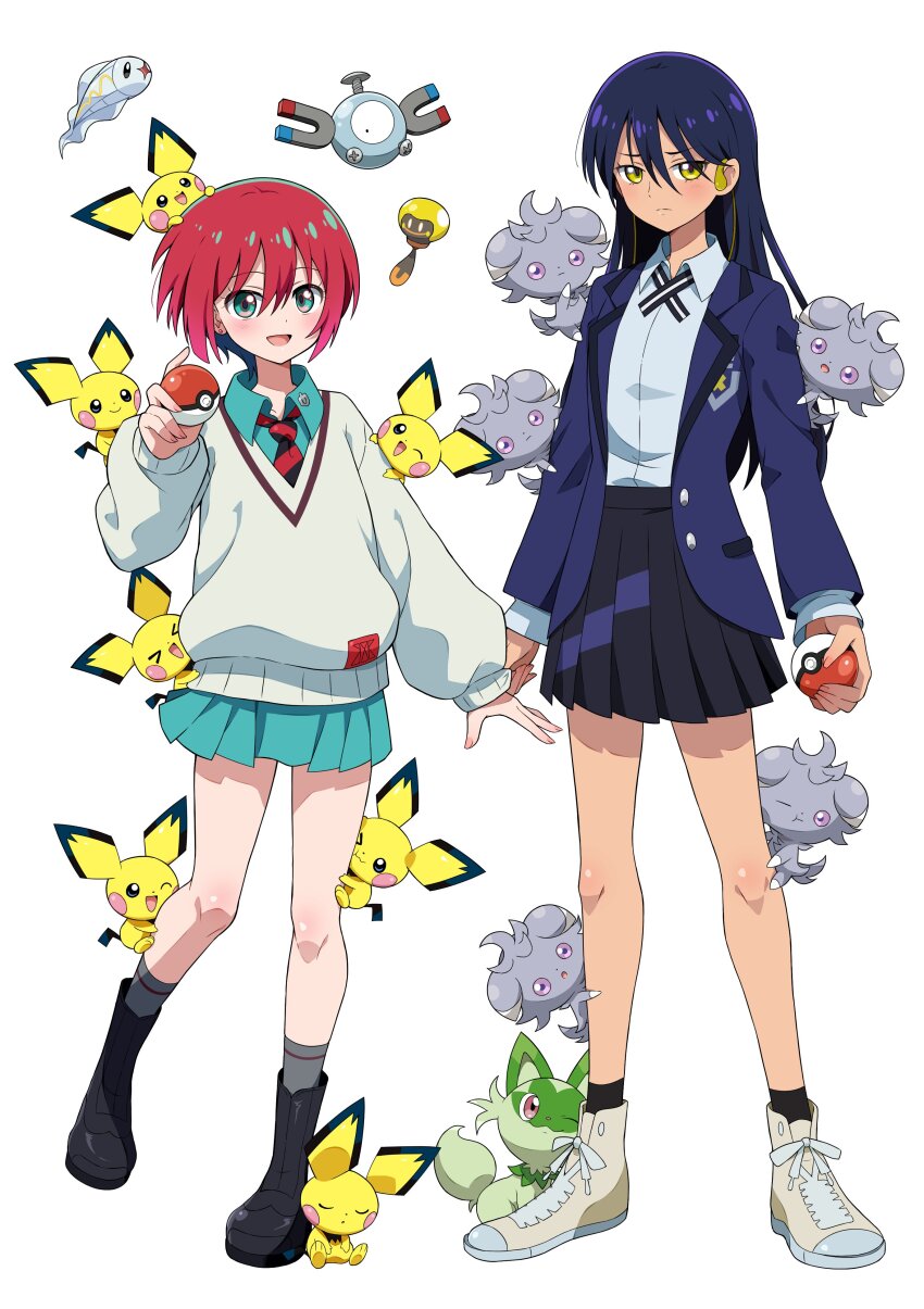 2girls absurdres amate_yuzuriha aqua_eyes aqua_shirt aqua_skirt beanie black_hair black_hat blush boots closed_mouth collared_shirt commentary_request crossover eggman_(ni_tamagoex) espurr full_body gen_1_pokemon gen_2_pokemon gen_5_pokemon gen_6_pokemon gundam gundam_gquuuuuux hat highres holding holding_poke_ball jacket long_hair long_sleeves looking_at_viewer magnemite multiple_girls necktie nintendo nyaan_(gundam_gquuuuuux) open_mouth pichu poke_ball poke_ball_(basic) pokemon pokemon_(creature) red_hair school_uniform shirt short_hair simple_background skirt smile solo sprigatito sweater tadbulb tynamo white_background yellow_eyes