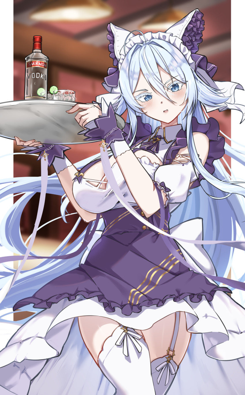 1girl absurdres ahoge alternate_costume animal_ears apron azur_lane blue_eyes breasts cheshire_(azur_lane) cheshire_(azur_lane)_(cosplay) commentary commission cosplay cup detached_sleeves drinking_glass english_commentary enmaided fake_animal_ears frilled_hairband frills garter_straps hair_between_eyes hairband highres holding holding_tray large_breasts long_hair looking_at_viewer maid maid_headdress pixiv_commission puffy_detached_sleeves puffy_sleeves purple_apron smirnoff_(vodka) solo sovetsky_soyuz_(azur_lane) sundajin_asagi thighhighs tray very_long_hair white_hair white_thighhighs