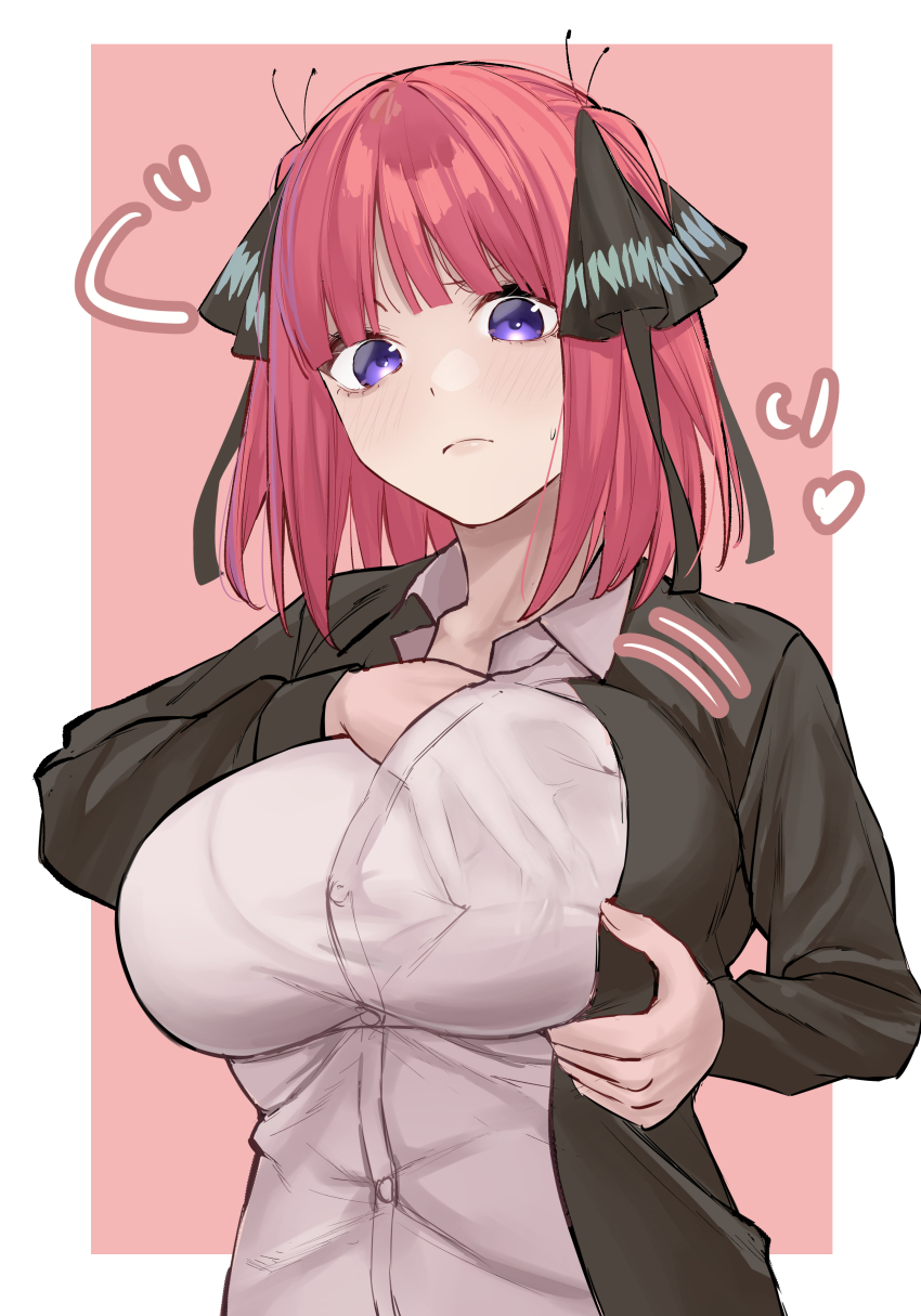 1girl absurdres adjusting_breasts black_jacket border breasts butterfly_hair_ornament closed_mouth collared_shirt commentary_request go-toubun_no_hanayome grabbing_own_breast hair_ornament highres jacket large_tail long_sleeves marimo_625 medium_hair nakano_nino outside_border pink_background pink_hair purple_eyes school_uniform shirt solo sound_effects tail upper_body white_border white_shirt