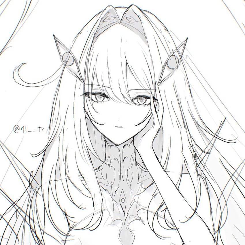 1girl 41_tr extra_eyes eye_hair_ornament eye_symbol genshin_impact hair_intakes highres lineart looking_at_viewer ronova_(genshin_impact) side_ahoge simple_background solo symbol-shaped_pupils too_many_eyes twitter_username upper_body white_background