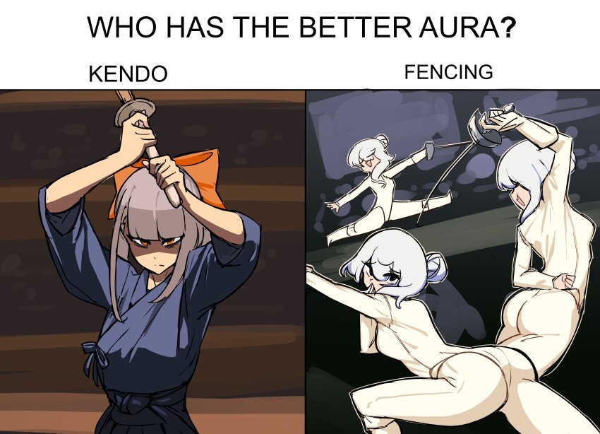 2girls absurdres ass blue_hakama bodysuit centurii-chan covering_own_mouth dojo dougi english_text epee fabulous fencer fencing fencing_suit foil_(fencing) glaring hair_ribbon hakama hakama_skirt hand_over_own_mouth highres holding holding_weapon japanese_clothes joudan_(stance) kendo meme multiple_girls orange_ribbon original rapier-chan_(centurii-chan) ribbon samurai_(centurii-chan) shinai skirt sword weapon white_bodysuit wooden_sword