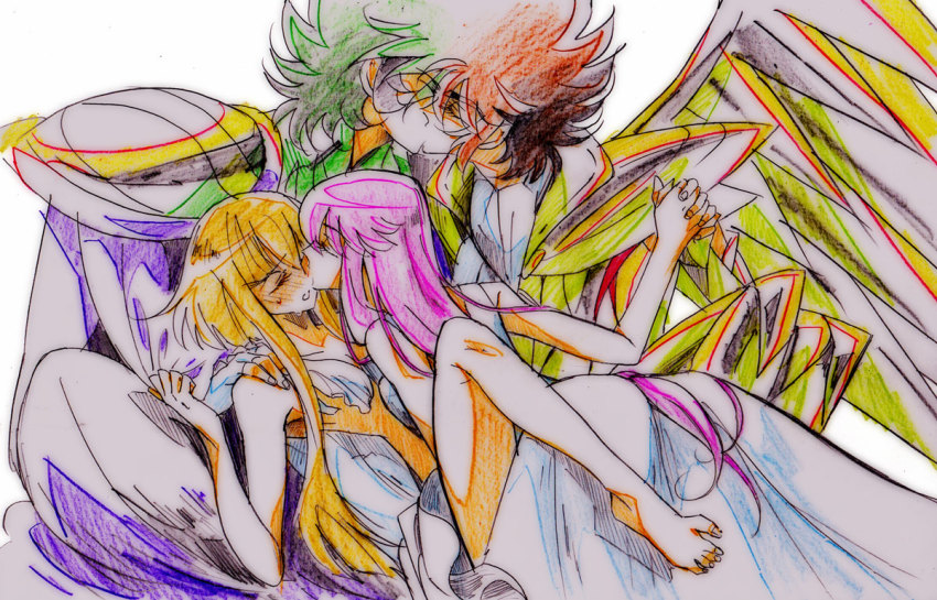 10s 2boys 2girls akira-riku armor ass athena barefoot blonde_hair blush brown_hair closed_eyes dark_skin dress full_armor gold_armor grabbing_another&#039;s_breast green_hair groping holding_hands kido_saori kiss long_hair male_focus moaning multiple_boys multiple_girls pallas pectoral_grab pegasus_seiya purple_hair saint_seiya saint_seiya_omega short_hair simple_background sketch sweat titan_(saint_seiya_omega) wings yaoi yuri