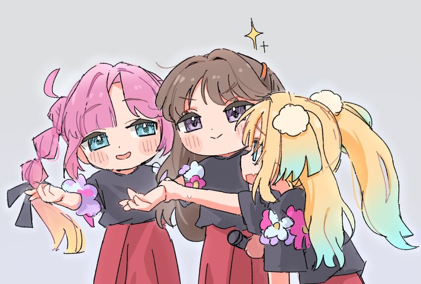 &gt;:) 3girls 4th_live_dream_~bloom_the_dream_believers~ :d anyoji_hime black_ribbon blonde_hair blue_flower blue_hair blunt_bangs blush brown_hair brown_skirt closed_mouth commentary curtained_hair deformed fang flower fujishima_megumi gradient_hair grey_background hair_flower hair_intakes hair_ornament hair_ribbon hasu_no_sora_school_uniform highres link!_like!_love_live! long_hair looking_at_viewer love_live! mican_modoki mira-cra_park! multi-tied_hair multicolored_hair multiple_girls open_mouth osawa_rurino pink_flower pink_hair pleated_skirt ponytail purple_flower ribbon school_uniform shirt_flower simple_background skin_fang skirt smile split_mouth twintails two-tone_hair two_side_up v-shaped_eyebrows virtual_youtuber white_flower winter_uniform