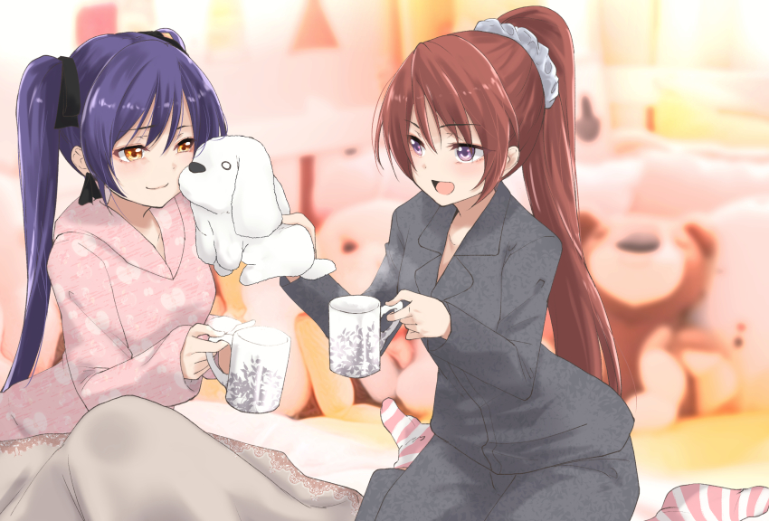 2girls apple_print arms_up assault_lily bed black_ribbon blanket blurry blurry_background blush breasts brown_hair cheek_press closed_mouth commentary commission cowboy_shot cup eye_contact food_print fruit_print grey_pajamas grey_pants hair_between_eyes hair_ornament hair_ribbon hair_scrunchie hand_up high_ponytail highres hishida_haru holding holding_cup holding_stuffed_toy hood hood_down hooded_pajamas indoors long_hair long_sleeves looking_at_another medium_breasts mug multiple_girls no_shoes on_bed open_mouth pajamas pants photo_background pink_pajamas pink_socks pixiv_commission ponytail print_pajamas purple_eyes purple_hair ribbon scrunchie sitting sleeves_past_wrists smile socks steam striped_clothes striped_socks stuffed_animal stuffed_dog stuffed_toy teddy_bear twintails urutsu_sahari very_long_hair wariza white_scrunchie yellow_eyes yellow_ribbon yokoyama_azusa yuri