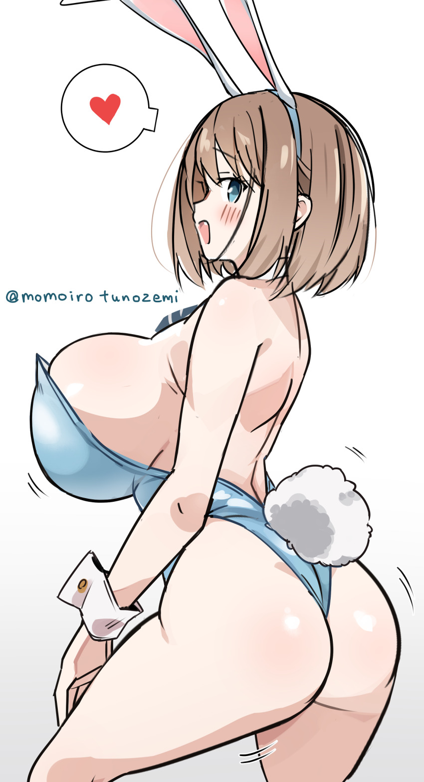 1girl absurdres animal_ears ass blue_leotard blush breasts brown_hair commentary_request fake_animal_ears gradient_background green_eyes hair_between_eyes heart highres huge_breasts leotard looking_at_viewer looking_to_the_side momoiro_tunozemi open_mouth playboy_bunny rabbit_ears rabbit_tail saki_(manga) sideboob simple_background smile solo spoken_heart standing tail twitter_username unozawa_shiori white_background wrist_cuffs