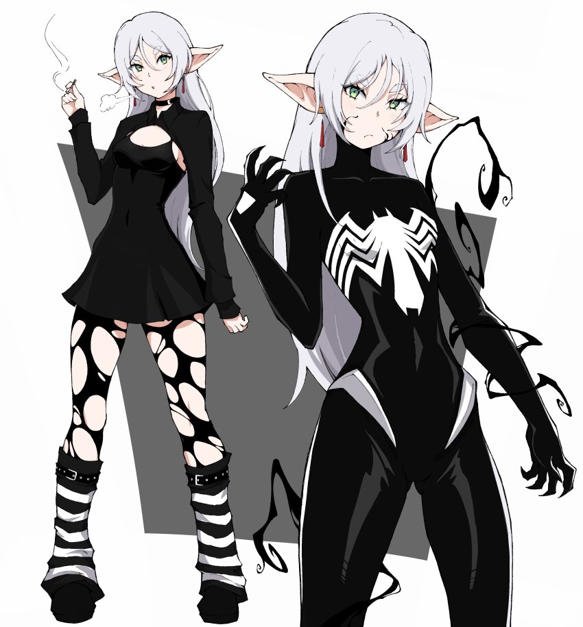 1girl absurdres alternate_costume alternate_hairstyle black_bodysuit black_choker black_dress black_pantyhose black_shoes black_shrug bodysuit choker cigarette commentary cosplay covered_navel dress elf english_commentary frieren frown full_body fusion green_eyes grey_background hair_down highres holding holding_cigarette kekel leg_warmers long_hair long_pointy_ears looking_at_viewer marvel multiple_views pantyhose parted_lips pointy_ears shoes shrug_(clothing) smoking sousou_no_frieren spider-man_(series) striped_leg_warmers thighs torn_clothes torn_pantyhose v-shaped_eyebrows venom_(marvel) venom_(marvel)_(cosplay) white_background