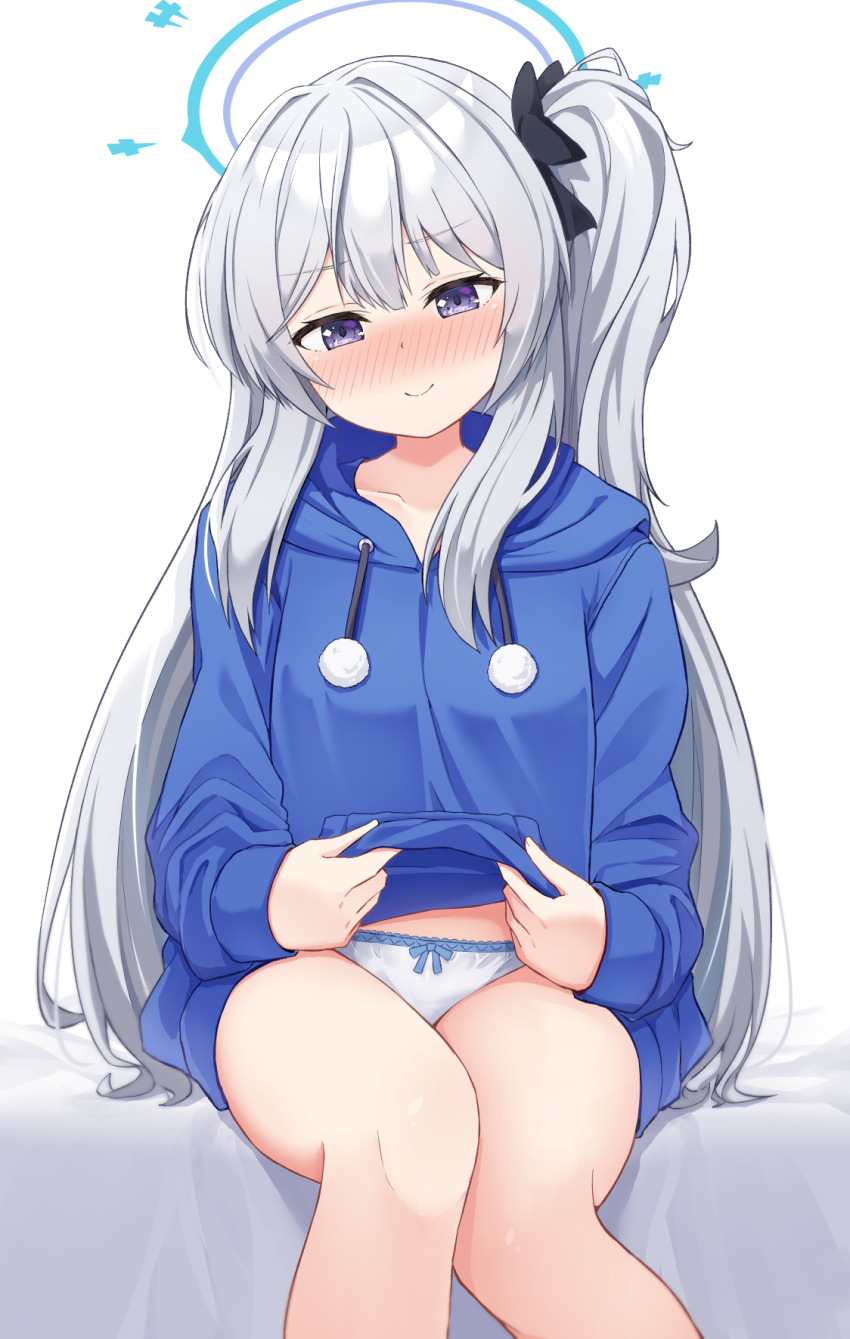 1girl blue_archive blue_halo blue_hoodie blue_trimmed_panties blush bow bow_panties closed_mouth clothes_lift commentary_request feet_out_of_frame grey_hair halo highres hood hoodie hoodie_lift lifting_own_clothes long_hair long_sleeves looking_at_viewer miyako_(blue_archive) miyako_(young)_(blue_archive) nenosame no_pants one_side_up open_mouth panties purple_eyes solo trimmed_panties underwear white_panties