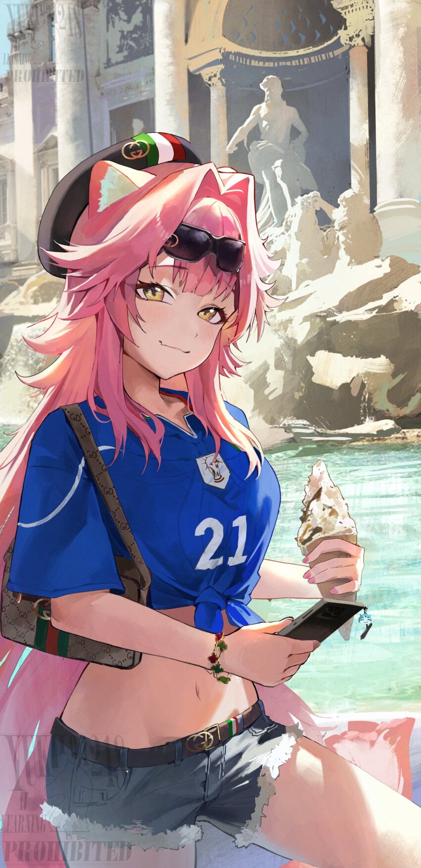 1girl absurdres animal_ears beret blue_shirt closed_mouth denim denim_shorts eyewear_on_head flag_print food gucci hair_intakes hat highres holding holding_phone hololive hololive_english ice_cream italian_flag italian_flag_print italy jersey long_hair looking_at_viewer navel outdoors panther_ears panther_girl panther_tail phone pink_hair raora_panthera shirt short_shorts shorts solo sunglasses tail tied_shirt virtual_youtuber water yellow_eyes yukii91218