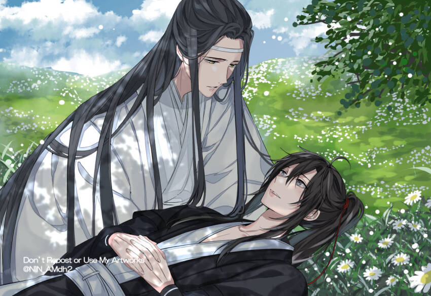 2boys ahoge bishounen black_hair black_hanfu black_robe blue_sky chinese_clothes cloud cloudy_sky day english_text eye_contact field flower flower_field grass grey_eyes hair_between_eyes hair_ribbon hanfu headband high_ponytail hyottokoane interlocked_fingers lan_wangji leaf long_hair long_sleeves looking_at_another lying male_focus modao_zushi multiple_boys on_back outdoors own_hands_together parted_lips ponytail red_ribbon ribbon robe sidelocks sky smile tree twitter_username upper_body very_long_hair watermark wei_wuxian white_flower white_hanfu white_headband white_robe wide_sleeves yaoi yellow_eyes