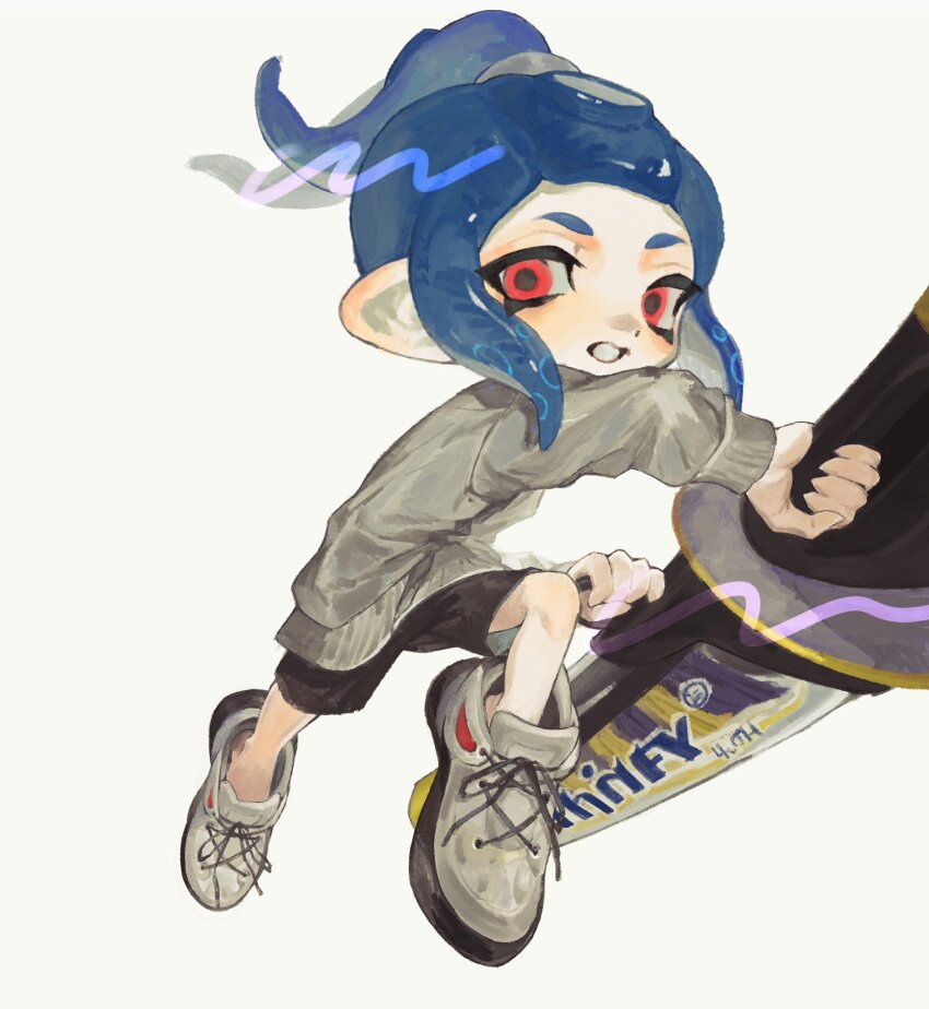 1girl aoi_(cariiiie) black_shorts blue_hair clenched_teeth decavitator_(splatoon) full_body grey_shoes grey_sweater highres long_sleeves nintendo octoling octoling_girl octoling_player_character ponytail red_eyes shoes shorts simple_background sneakers solo splatoon_(series) splatoon_3 sweater teeth white_background