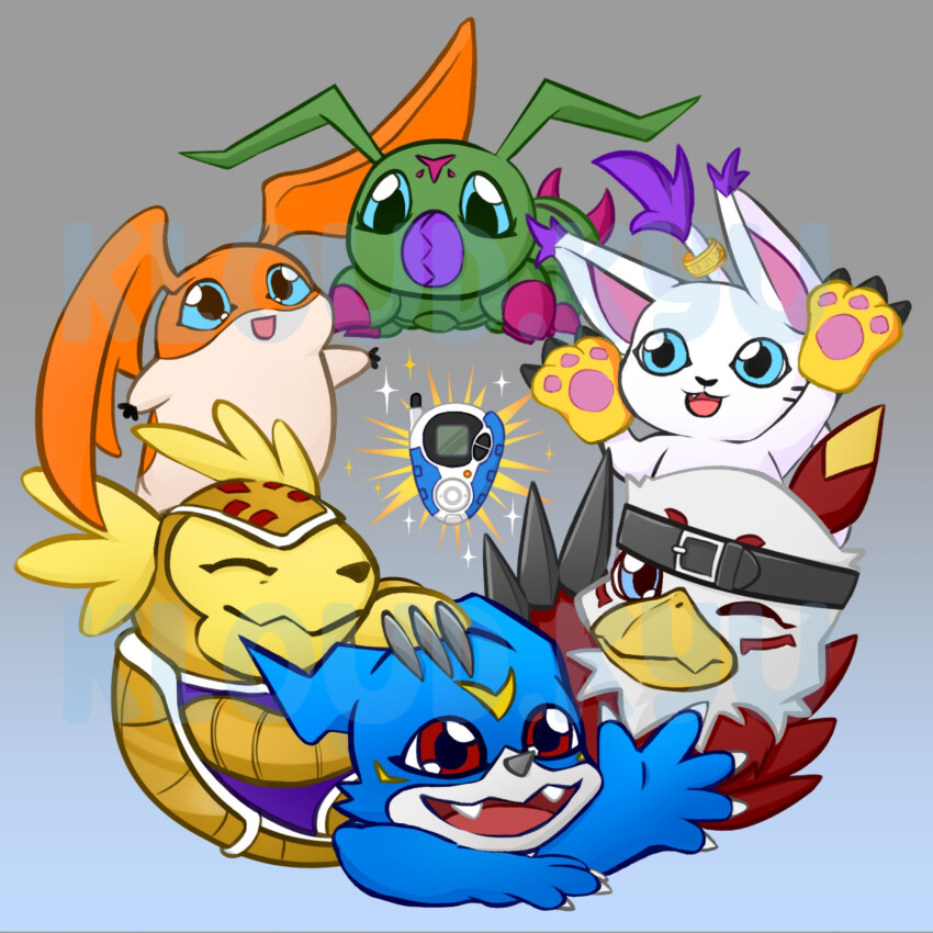 armadillo armadimon bird bug cat digimon digimon_(creature) digimon_adventure_02 hawkmon highres patamon tailmon v-mon wings wormmon