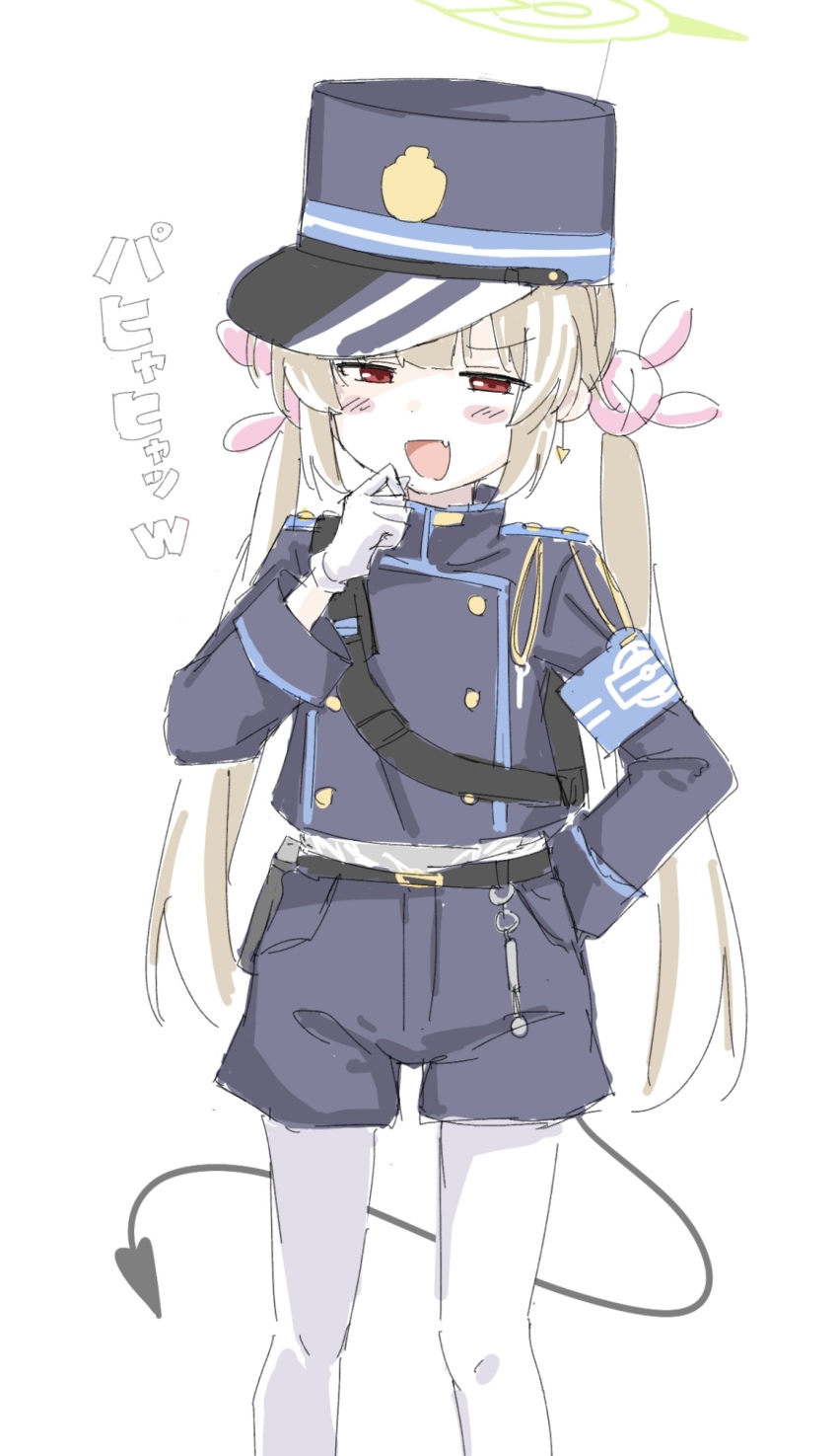 1girl armband black_hat black_shirt black_shorts blonde_hair blue_archive blush cosplay demon_tail fang gloves green_armband hair_ornament halo hat highres long_sleeves looking_at_viewer natori_sana nozomi_(blue_archive) nozomi_(blue_archive)_(cosplay) open_mouth pantyhose rabbit_hair_ornament red_eyes sana_channel sanz_zzz shirt shorts solo tail translated virtual_youtuber white_background white_gloves white_pantyhose