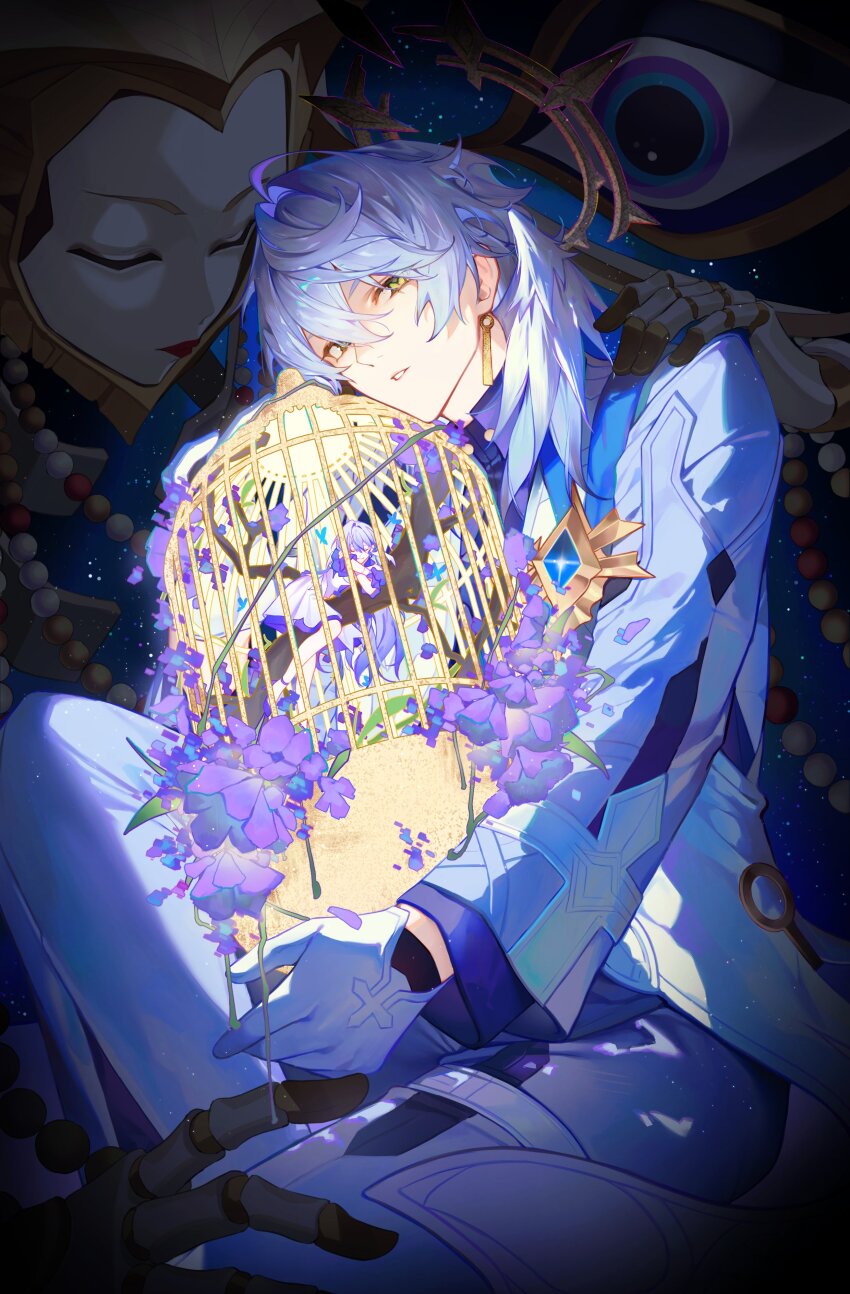 1boy 1girl absurdres birdcage brother_and_sister cage closed_eyes closed_mouth commentary_request dress earrings ena_(honkai:_star_rail) flower gloves green_eyes grey_hair halo head_wings high_heels highres holding honkai:_star_rail honkai_(series) in_cage jewelry light_smile long_hair looking_at_viewer lying mechanical_halo mechanical_hands pants parted_lips purple_flower robin_(honkai:_star_rail) shotgunman siblings strappy_heels sunday_(honkai:_star_rail) sunday_(sacerdos&#039;_relived_ordeal)_(honkai:_star_rail) white_gloves white_pants wings