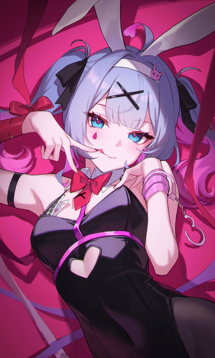 1girl absurdres animal_ears bare_shoulders black_leotard blue_eyes blue_hair bow bowtie card clothing_cutout commentary_request cuffs cutout_above_navel detached_collar fake_animal_ears finger_to_mouth hair_ornament handcuffs hands_up hatsune_miku heart_cutout highres leotard licking_lips long_hair looking_at_viewer multicolored_hair nail_polish pink_hair pink_pupils playboy_bunny playing_card rabbit_hole_(vocaloid) red_bow red_bowtie red_nails shali solo teardrop_facial_mark tongue tongue_out twintails two-tone_hair v vocaloid x_hair_ornament