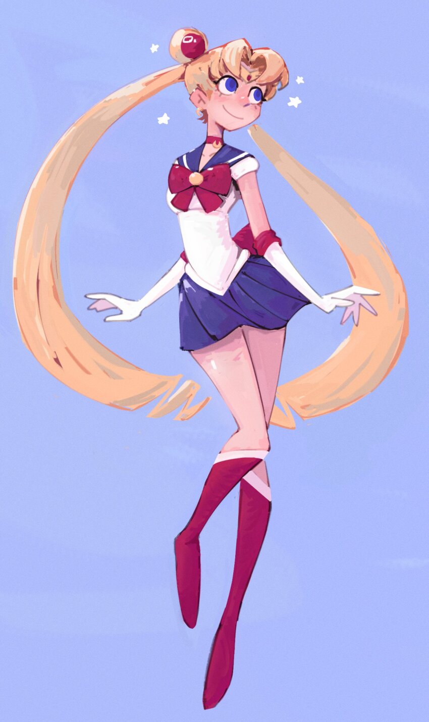 1girl artsywak bishoujo_senshi_sailor_moon blonde_hair blue_eyes blue_sailor_collar boots bow breasts choker circlet commentary commission crescent crescent_earrings double_bun earrings elbow_gloves english_commentary full_body gloves hair_bun highres jewelry knee_boots long_hair miniskirt pleated_skirt red_boots red_bow red_choker sailor_collar sailor_moon skirt small_breasts smile solo star_(symbol) tsukino_usagi twintails very_long_hair white_gloves