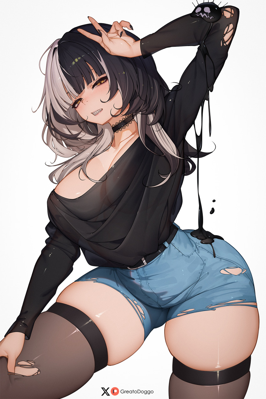 1girl artist_name belt black_belt black_choker black_hair black_nails black_shirt black_thighhighs blue_shorts blush braces breasts choker clenched_teeth commentary denim denim_shorts english_commentary fingernails greatodoggo hand_on_own_thigh highres hololive hololive_english large_breasts leaning_to_the_side long_hair long_sleeves looking_at_viewer multicolored_hair nail_polish patreon_logo patreon_username see-through_clothes see-through_shirt shiny_clothes shiny_skin shiori_novella shirt shorts simple_background split-color_hair teeth thighhighs thighs torn_clothes torn_shirt torn_shorts torn_thighhighs twitter_username two-tone_hair v v_over_head virtual_youtuber white_background white_hair yellow_eyes yorick_(shiori_novella)