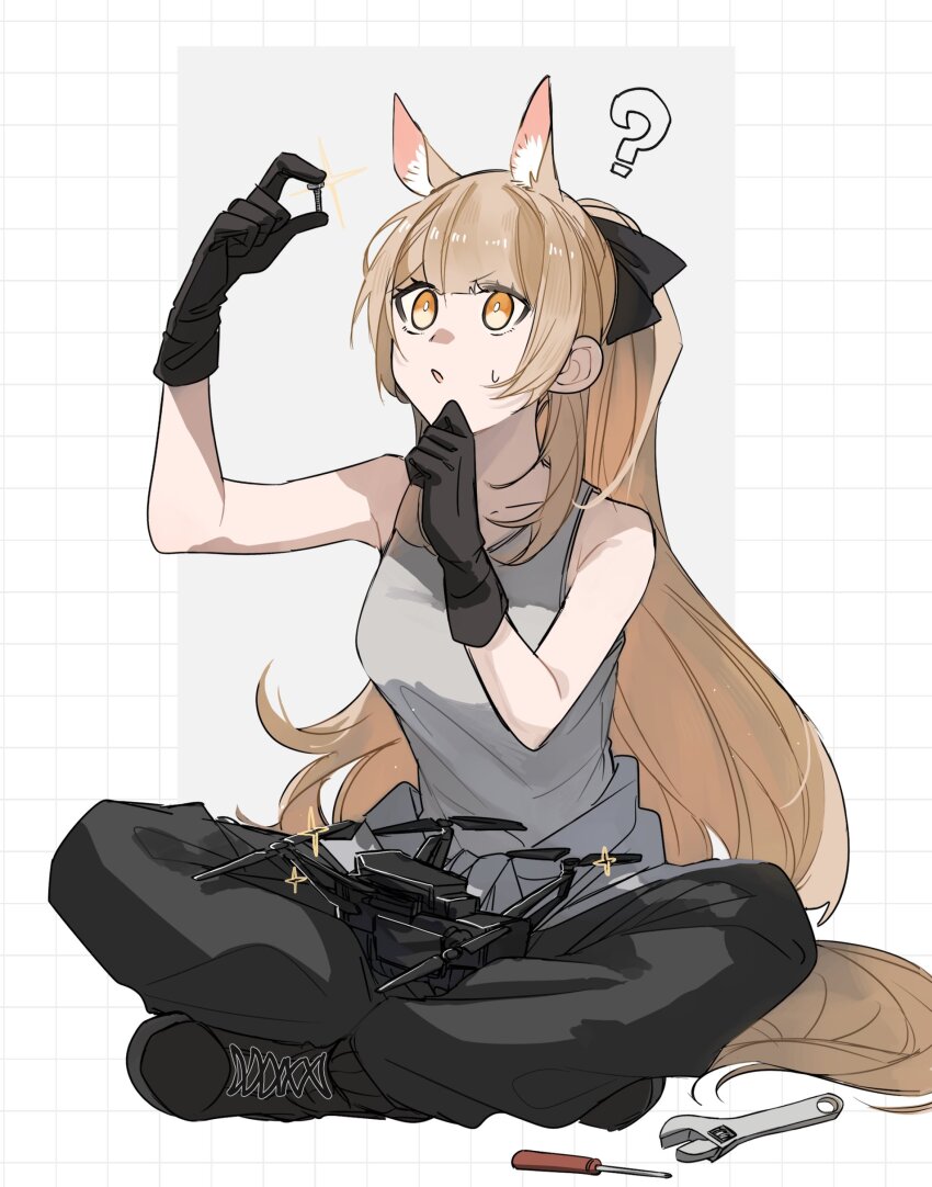 1girl ? absurdres animal_ear_fluff animal_ears arknights blemishine_(arknights) blonde_hair drone gloves highres horse_ears horse_girl horse_tail ponytail screw solo tail tank_top wrench yakota_(usuk-yako) yellow_eyes