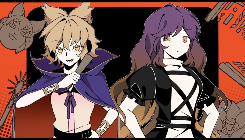 2girls cape gradient_hair hand_fan highres hijiri_byakuren holding holding_fan looking_at_viewer mask multicolored_hair multiple_girls new_mask_of_hope puffy_short_sleeves puffy_sleeves purple_hair short_sleeves smile touhou toyosatomimi_no_miko upper_body xiao_ganju_nailuo