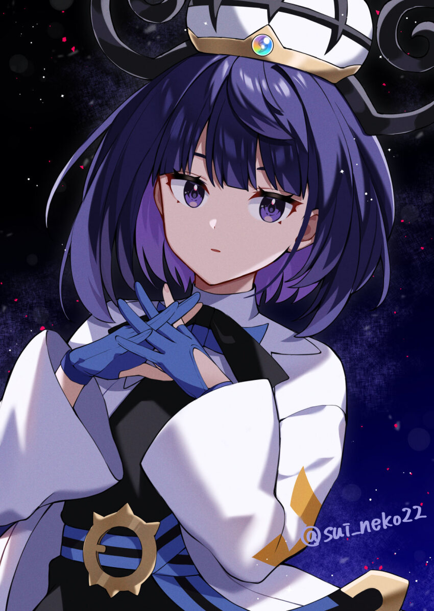 1girl belt belt_buckle black_dress black_hair blue_gloves blunt_bangs bob_cut buckle closed_mouth coat dress gloves gradient_hair gwynn_(pokemon) hat highres interlocked_fingers long_sleeves looking_at_viewer multicolored_hair nintendo o-ring o-ring_belt open_clothes open_coat partially_fingerless_gloves pokemon pokemon_legends:_z-a purple_eyes purple_hair reisui_(sui_neko22) short_hair solo upper_body white_coat